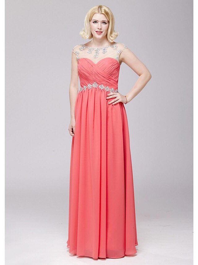  A-Line Open Back Dress Prom Floor Length Sleeveless Illusion Neck Chiffon with Beading 2023