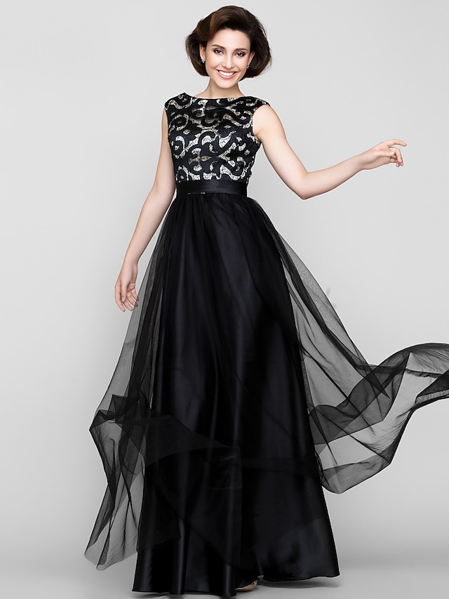  A-Line Scoop Neck Floor Length Tulle Mother of the Bride Dress with Pattern / Print by LAN TING BRIDE®