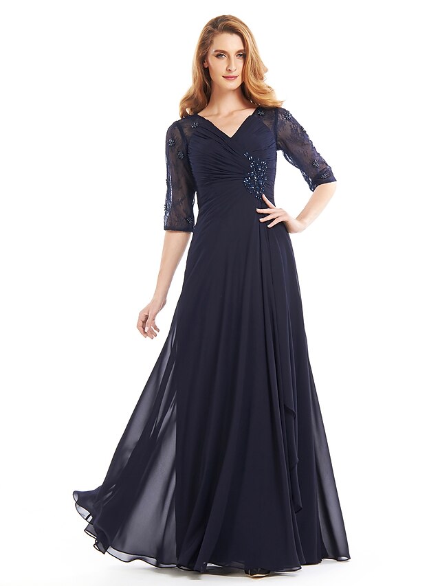  A-Line Mother of the Bride Dress Vintage Inspired V Neck Floor Length Chiffon Half Sleeve with Criss Cross Beading 2023