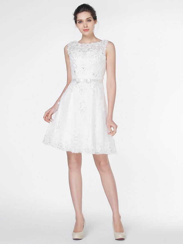  Linea-A Bateau Neck Al ginocchio Di pizzo Abiti da sposa su misura con Con applique / Di pizzo di LAN TING BRIDE® / Vestitini bianchi