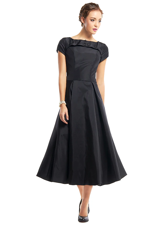 A-Line Black Dress Vintage Homecoming Wedding Guest Tea Length Short ...