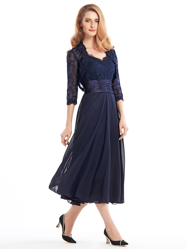  A-Line Mother of the Bride Dress Convertible Dress V Neck Tea Length Chiffon Corded Lace Sleeveless with Lace Pleats Appliques 2023