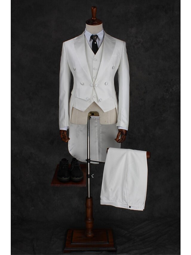  Ivory Solid Colored Tailored Fit Cotton Blend Suit - Notch Double Breasted Four-buttons / Suits