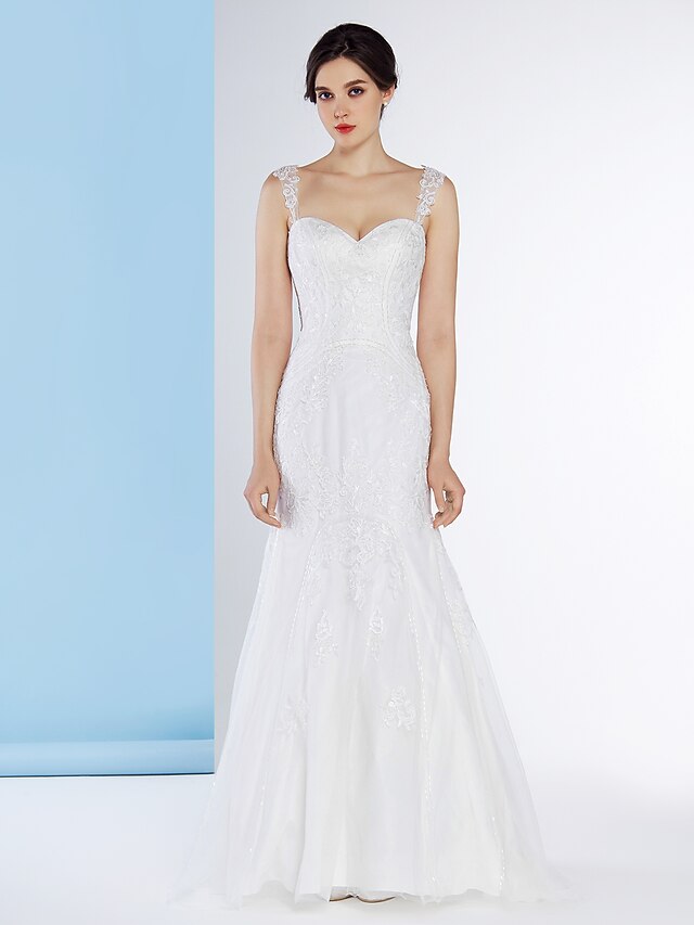  Mermaid / Trumpet Wedding Dresses Sweetheart Neckline Sweep / Brush Train Lace Sleeveless with Lace Button 2021