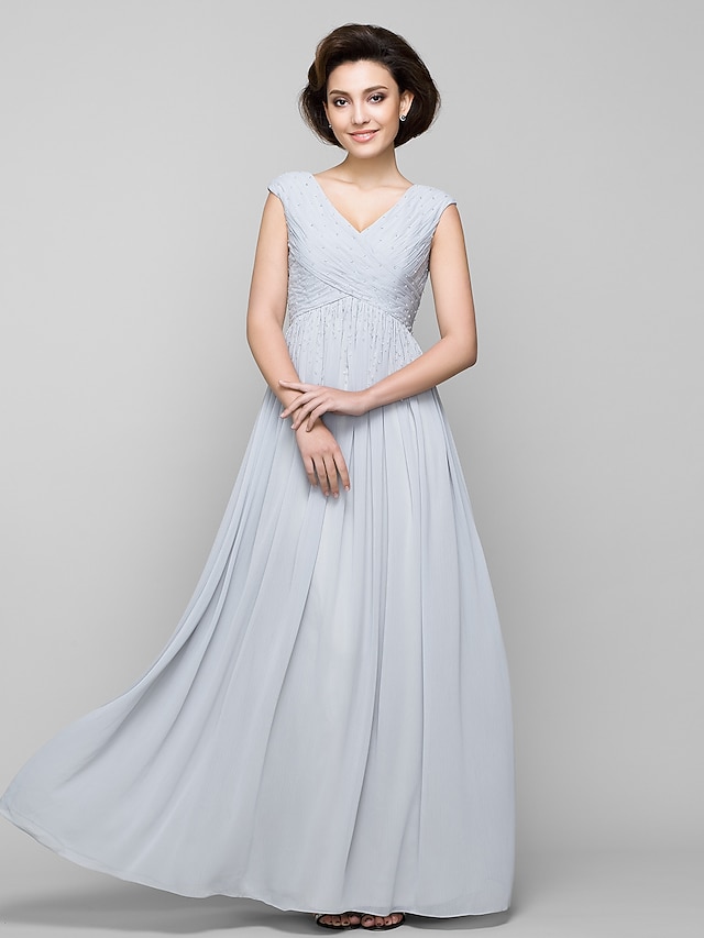  A-Line V Neck Floor Length Chiffon Mother of the Bride Dress with Beading / Criss Cross by LAN TING BRIDE®