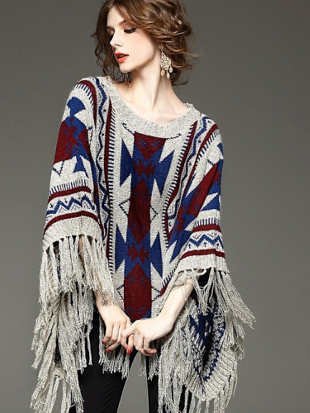  Women's Long Sleeve Cotton Cloak / Capes - Patchwork, Tassel / Winter