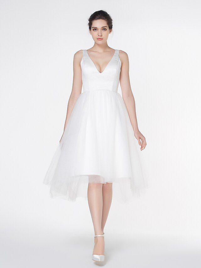  A-vonalú V-alakú Aszimmetrikus Szatén / Tüll Made-to-measure esküvői ruhák val vel Cakkos által LAN TING BRIDE® / Kis fehér szoknyák