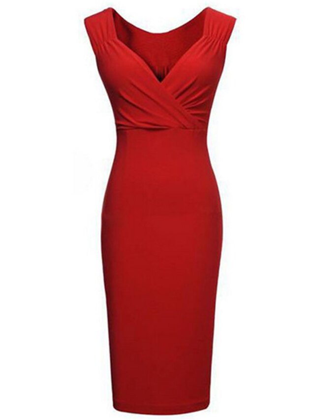  Damen Bodycon Knielanges Kleid Schwarz Rot Ärmellos Einfarbig Tiefes V Party Schlank S M L XL XXL 3XL / Übergröße / Übergröße