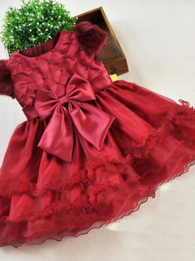  Vestido Chica deUn Color-Poliéster-Otoño-Rojo