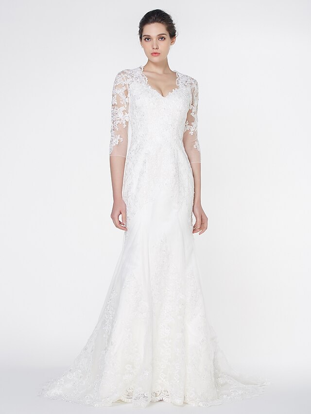  Mermaid / Trumpet Wedding Dresses V Neck Court Train Tulle All Over Lace 3/4 Length Sleeve Romantic See-Through Illusion Detail with Lace Appliques 2020