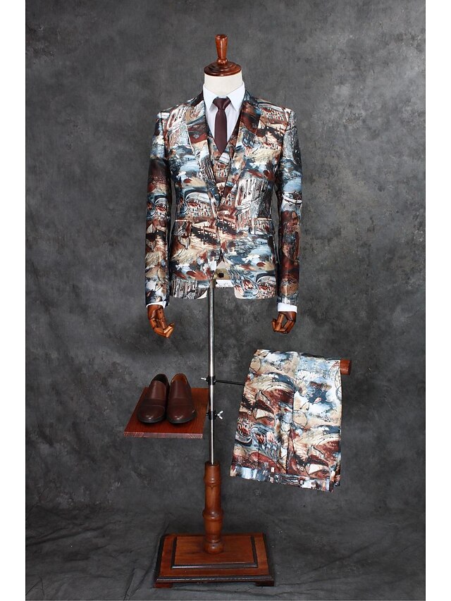  Coffee Pattern Tailored Fit Polyester Suit - Notch Single Breasted One-button / Suits