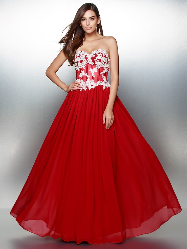  A-Line Color Block Prom Formal Evening Dress Sweetheart Neckline Sleeveless Floor Length Chiffon with Appliques