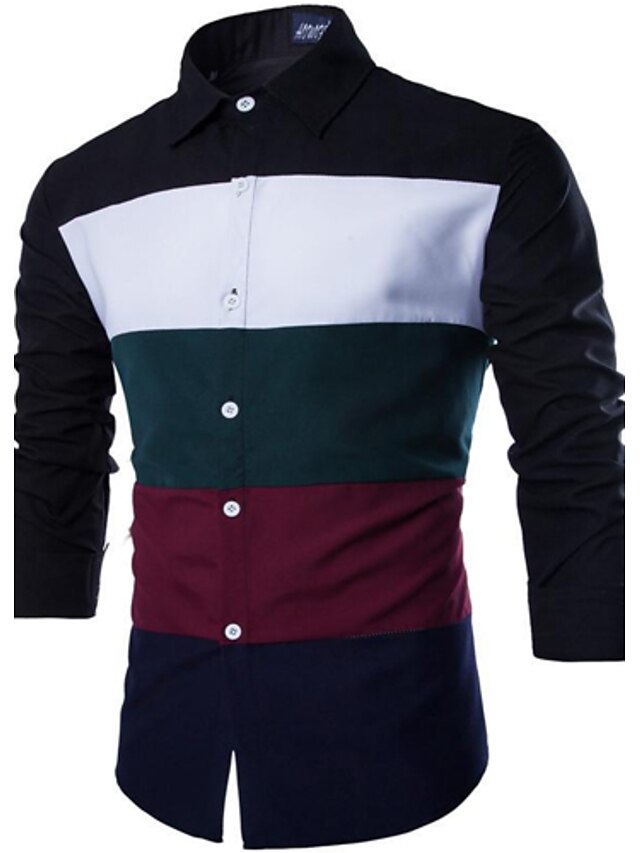  Men's Shirt Dress Shirt Color Block Spread Collar Black Green Long Sleeve Daily Work Patchwork Slim Tops Business / Spring / Fall