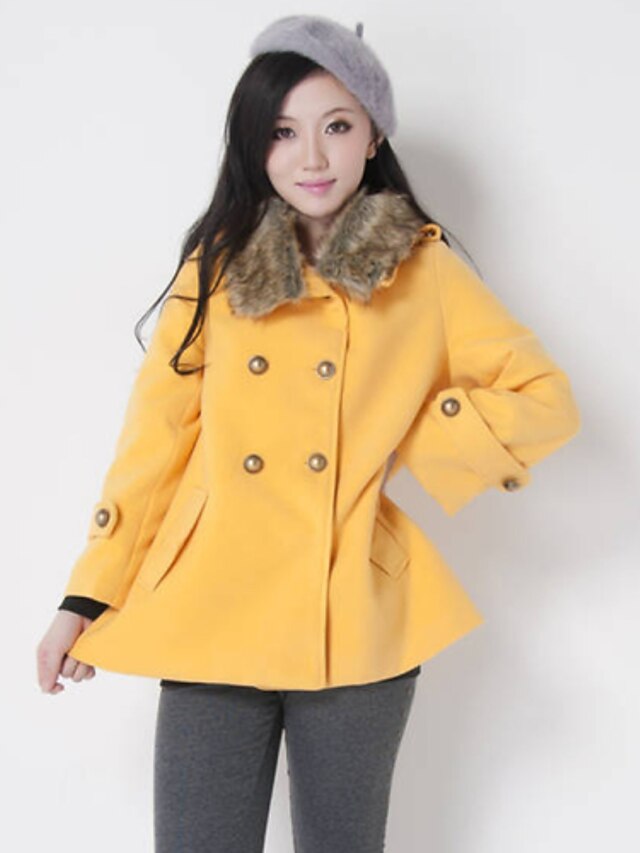  Women's Solid Red / Yellow / Beige Coat , Casual Long Sleeve Cotton