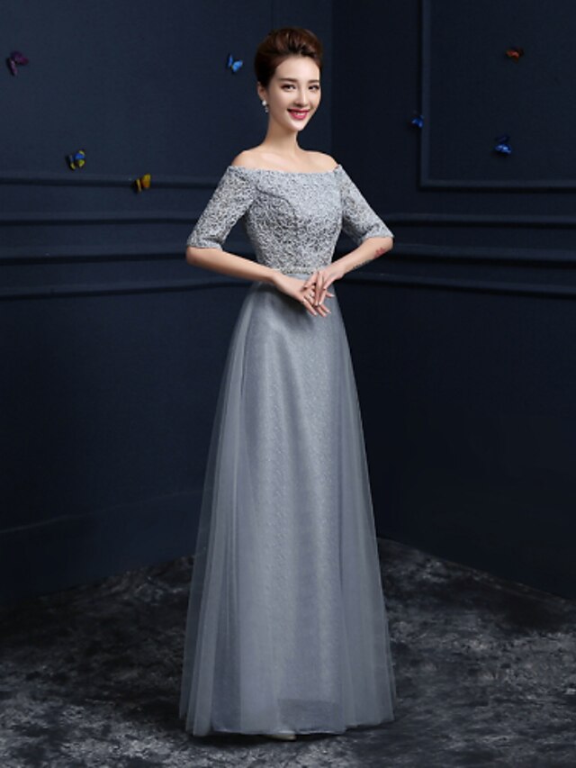  Sheath / Column Elegant Formal Evening Dress Off Shoulder Half Sleeve Floor Length Lace Satin Tulle with Crystals 2020