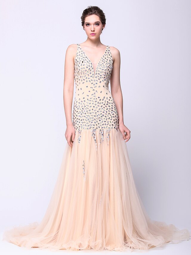  Fit & Flare Sparkle & Shine Dress Prom Formal Evening Court Train Sleeveless Plunging Neck Tulle with Beading 2024