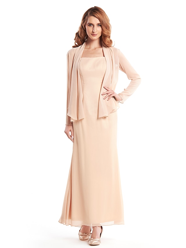  Sheath / Column Mother of the Bride Dress Convertible Dress Straps Ankle Length Crepe Long Sleeve yes with Pleats 2023