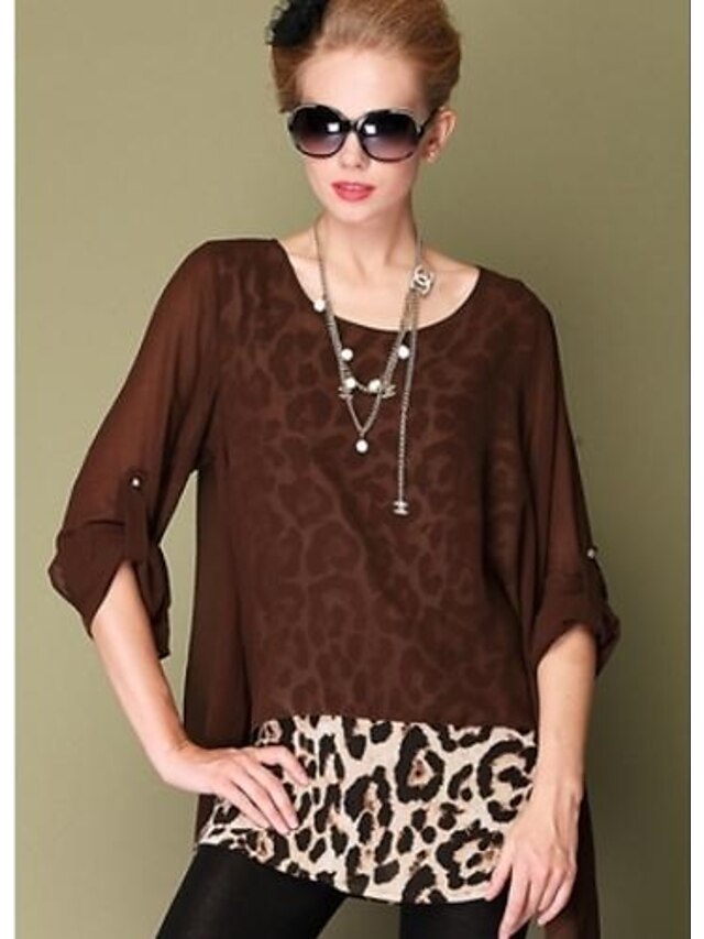  Women's Daily Casual All Seasons Blouse,Leopard Round Neck Polyester Opaque Thin