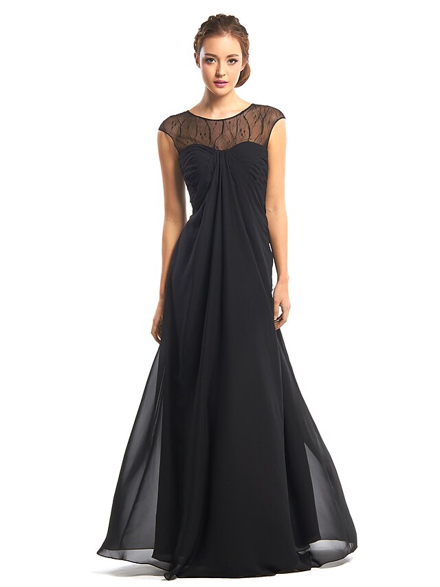  A-Line Prom Formal Evening Dress Illusion Neck Sleeveless Floor Length Chiffon with Lace 2021