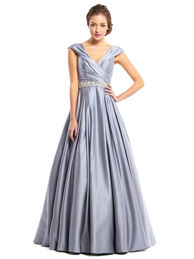  A-Line Elegant Wedding Guest Prom Dress V Neck Sleeveless Floor Length Satin with Criss Cross Crystals 2021