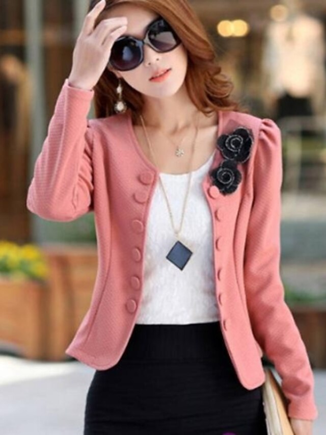 Women's Spring Regular Blazer, Solid Colored Round Neck Long Sleeve Polyester / Others White / Black / Pink