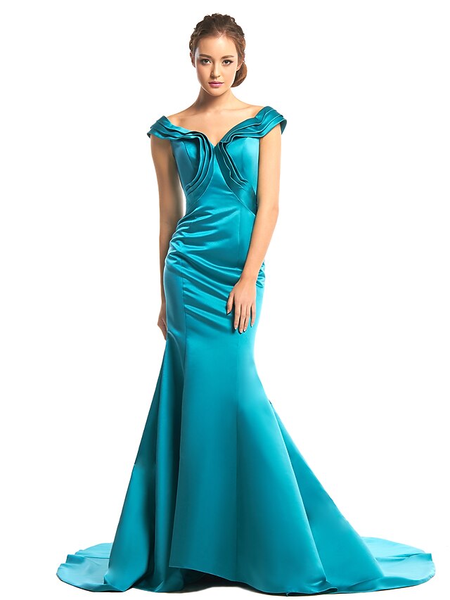  Syrena Elegancja Kolacja oficjalna Sukienka W serek Bez rękawów Tren w stylu sądowym Satyna z Falbany kaskadowe 2020