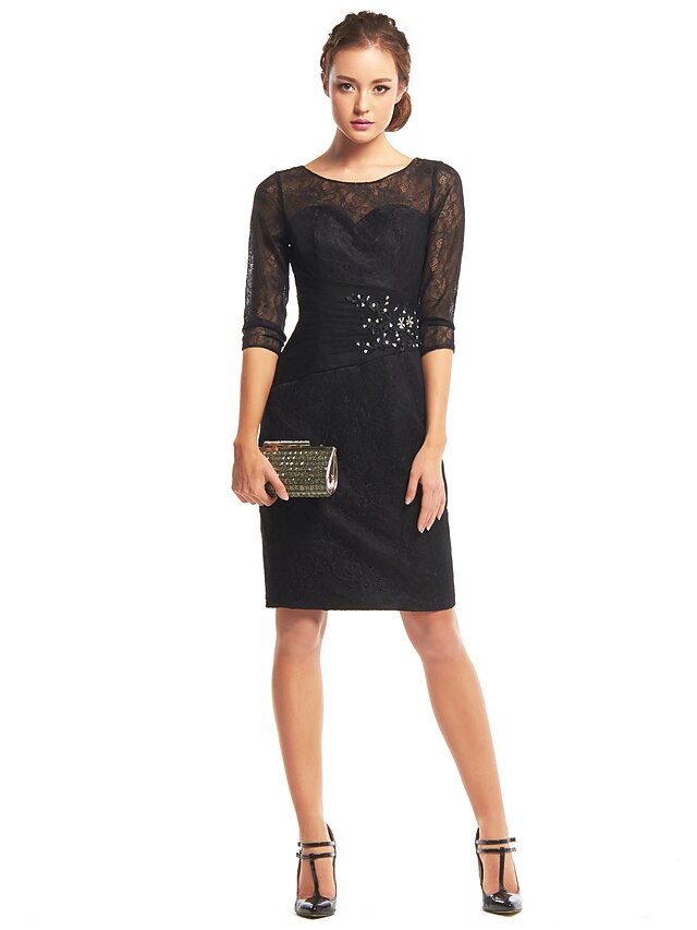  Ίσια Γραμμή Μικρό Μαύρο Φόρεμα Φόρεμα Καλωσόρισμα Μέχρι το γόνατο 3/4 Μήκος Μανικιού Λαιμός ψευδαίσθησης Δαντέλα με Δαντέλα Πιασίματα Διακοσμητικά Επιράμματα 2022