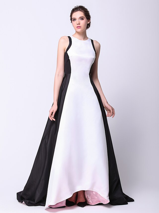  Ball Gown Celebrity Style Elegant Prom Formal Evening Dress Jewel Neck Sleeveless Asymmetrical Taffeta with Pleats