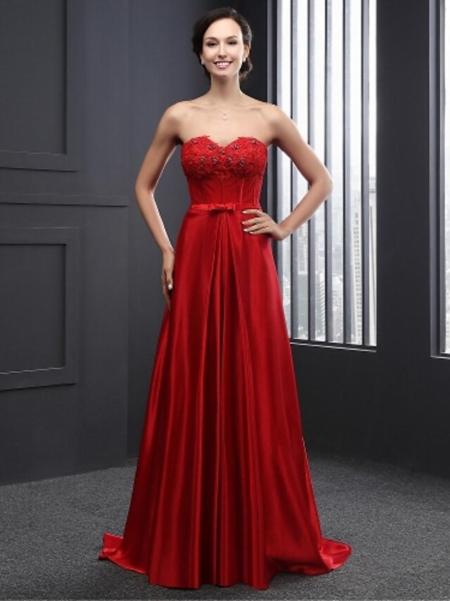  A-Line Formal Evening Dress Strapless Sweep / Brush Train Charmeuse with Beading 2020