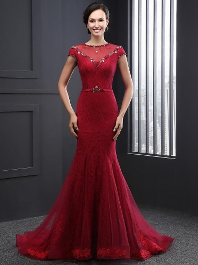  Mermaid / Trumpet Formal Evening Dress Jewel Neck Court Train Lace Tulle with Beading 2020