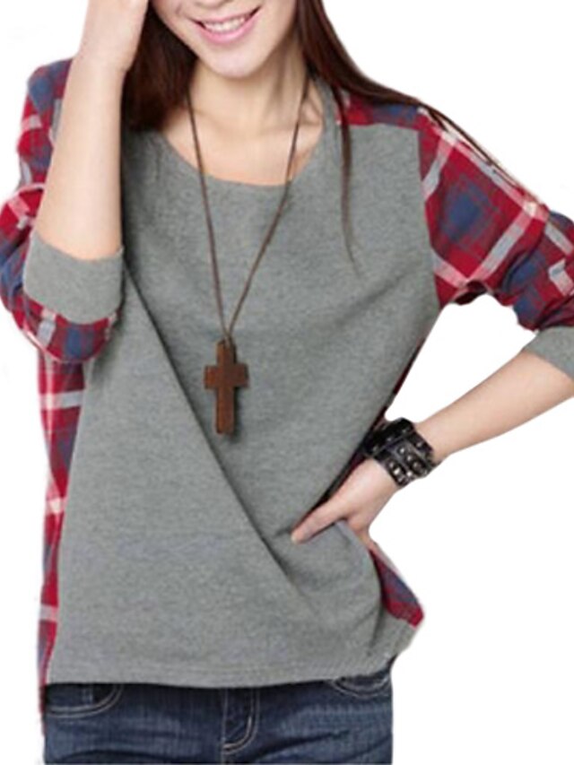  Women's Blouse Shirt Plaid Round Neck Screen Color Black Gray Long Sleeve Daily Weekend Tops Cotton Casual