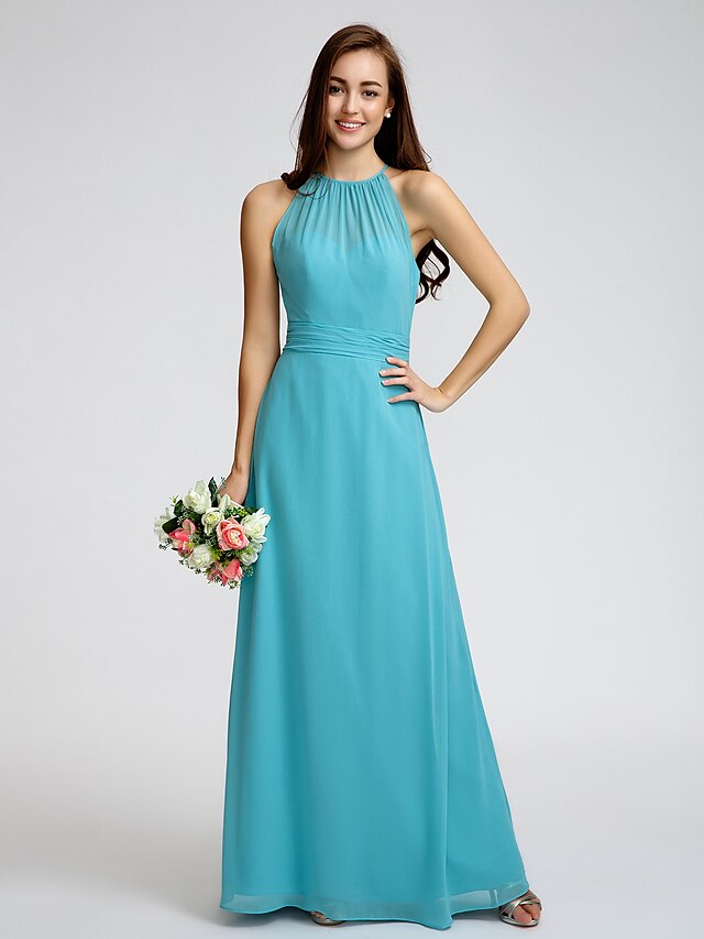  Sheath / Column Bridesmaid Dress Jewel Neck Sleeveless Elegant Ankle Length Georgette with Ruched