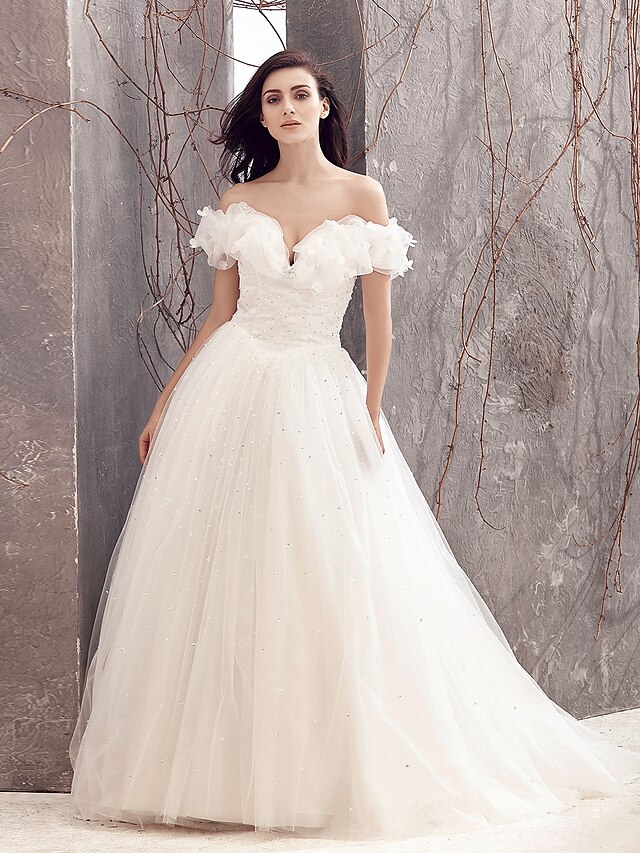  Wedding Dresses A-Line Off Shoulder Short Sleeve Sweep / Brush Train Tulle Bridal Gowns With Sequin 2023