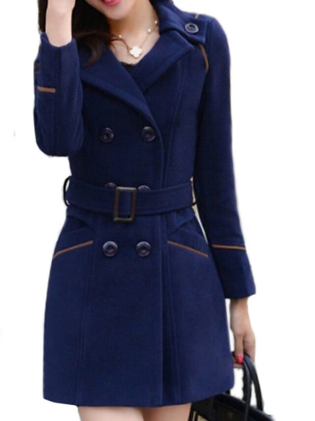  Women's Solid Double Breasted Trench Coat , Work/Plus Sizes Long Sleeve Tweed
