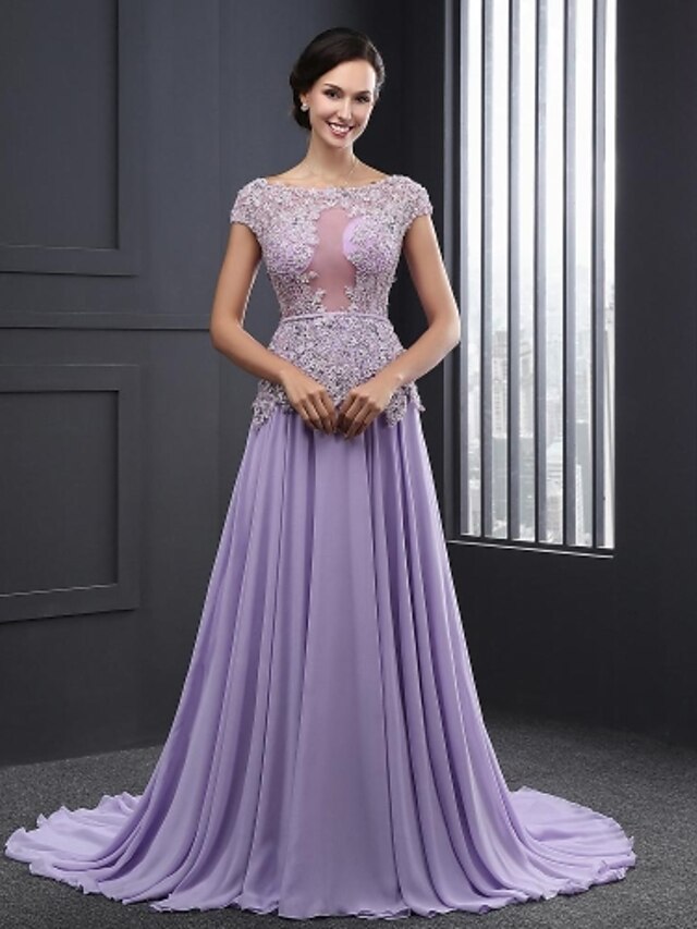  Ball Gown See Through Formal Evening Dress Jewel Neck Sleeveless Sweep / Brush Train Chiffon with Appliques 2020