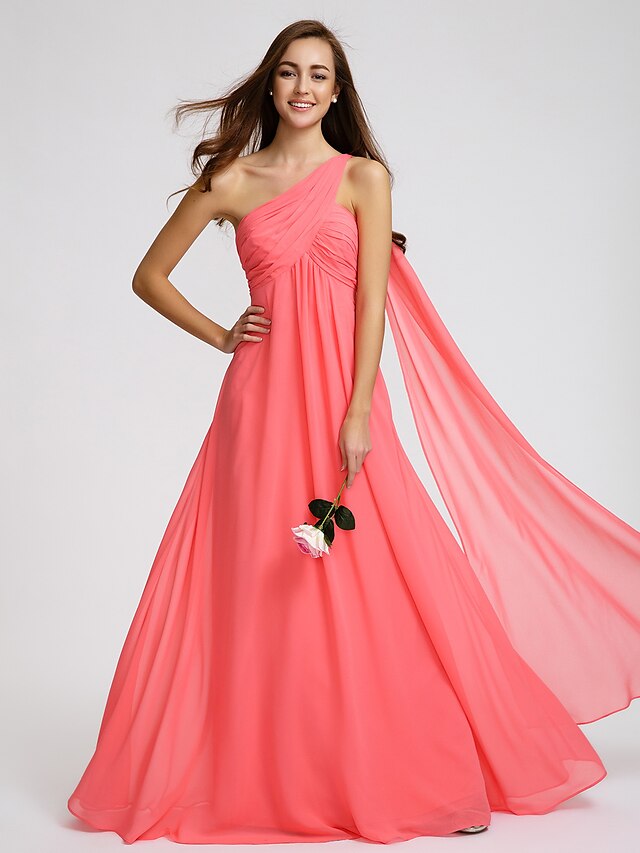  A-Line Bridesmaid Dress One Shoulder Sleeveless Elegant Floor Length Georgette with Criss Cross