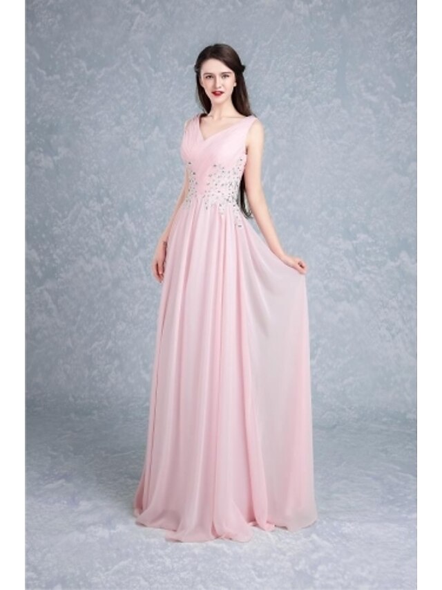  Ball Gown Elegant Formal Evening Dress V Neck Sleeveless Floor Length Chiffon with Beading Appliques 2021