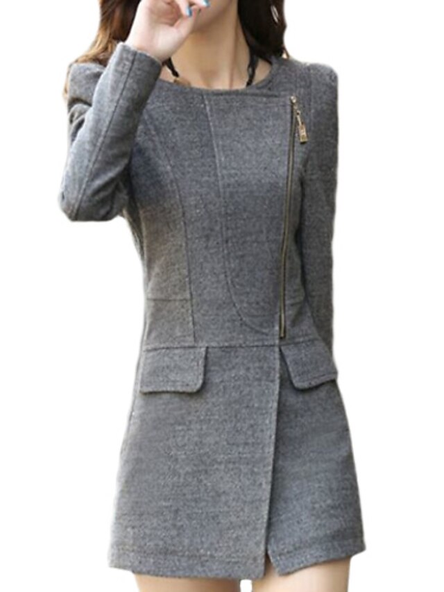  Women's Basic Regular Coat, Solid Colored Long Sleeve Black / Gray