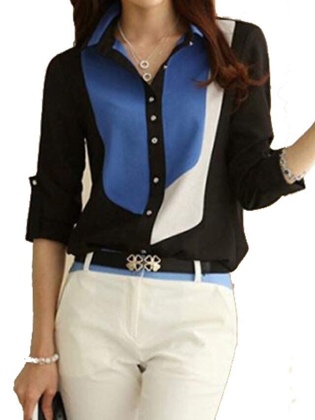  Women's All Seasons Blouse,Color Block Shirt Collar Long Sleeve Polyester Opaque Medium