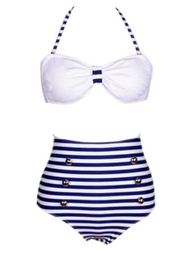  Women's Swimwear Bikini Swimsuit Striped Blue Straped Bathing Suits Geometric Retro