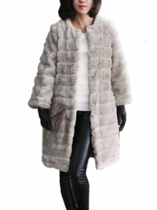  Зима Пальто с мехом Длинный рукав Искусственный мех Серый