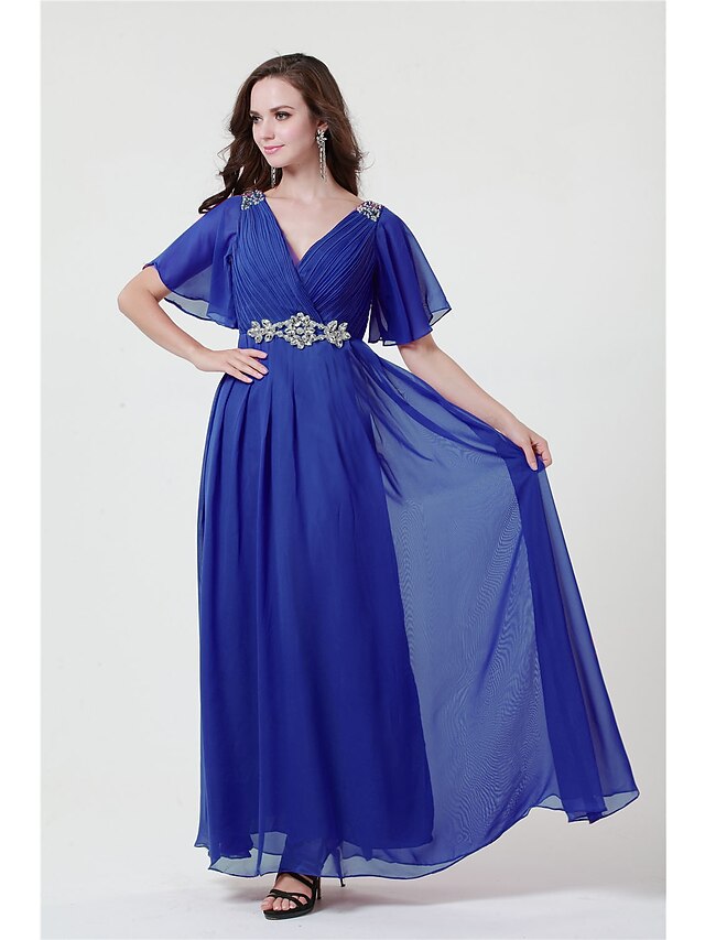  A-Line V Neck Floor Length Chiffon Mother of the Bride Dress with Beading / Split Front by Meyisha