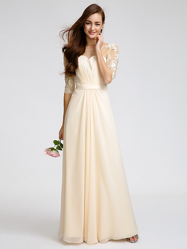  Платье-футляр/колонна подружки невесты с овальным вырезом и половиной рукавов, элегантное, длиной до пола, шифоновое с кружевом