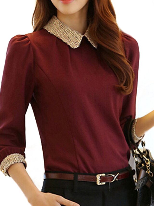  Women's Blouse Solid Colored Tops Shirt Collar Wine Black Pink