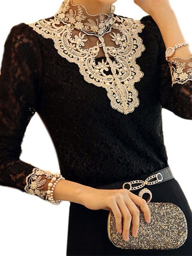  Women's Casual / Daily Blouse Jacquard Lace Long Sleeve Tops Simple Stand Collar Black Beige