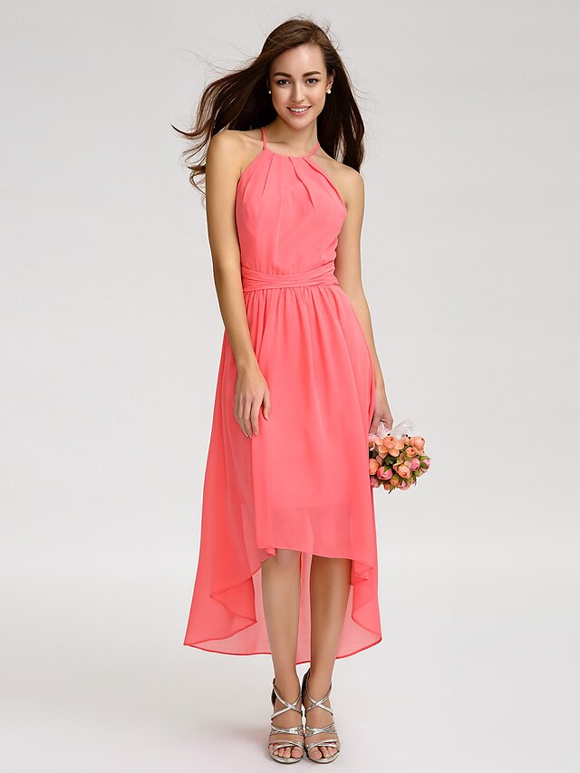  A-Line Bridesmaid Dress Spaghetti Strap Sleeveless Open Back Asymmetrical Georgette with Ruched