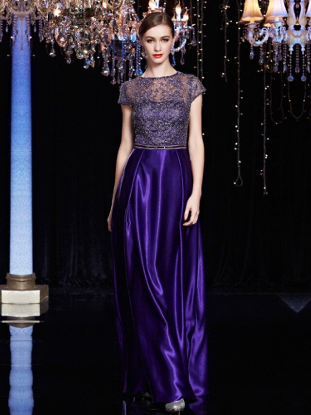  Sheath / Column Formal Evening Dress Jewel Neck Floor Length Lace Satin Charmeuse with Lace Sash / Ribbon 2020