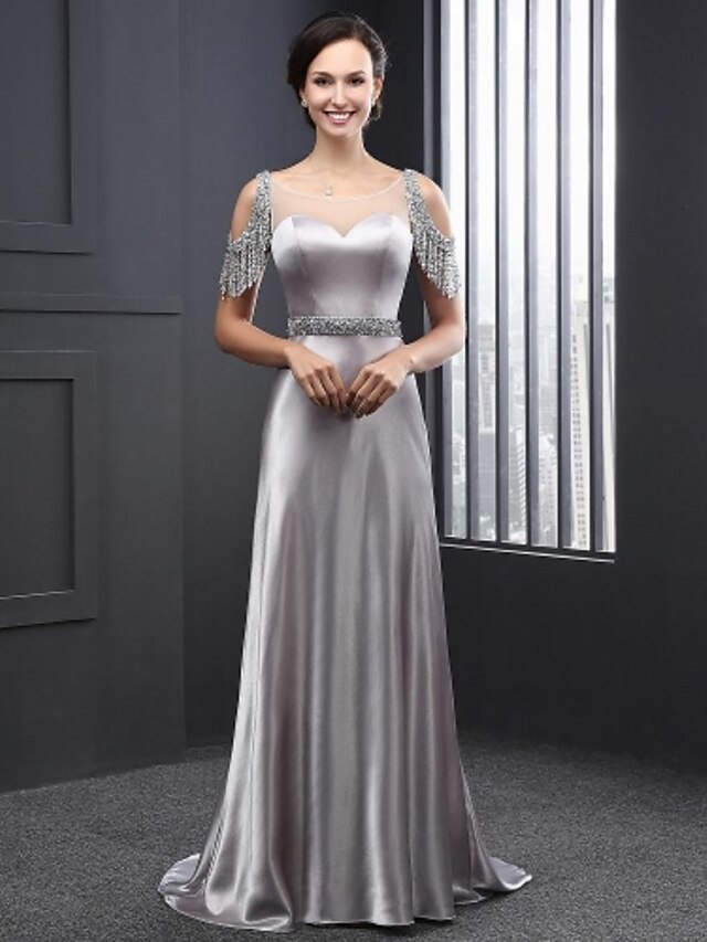 A-Line Formal Evening Dress Jewel Neck Sweep / Brush Train Satin with Beading 2020