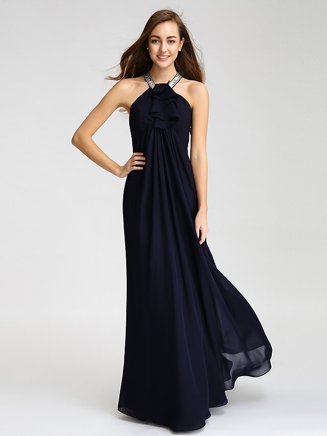  Sheath / Column Halter Neck Floor Length Chiffon Bridesmaid Dress with Beading / Crystals / Ruffles by LAN TING BRIDE®