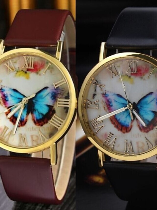  Damen Modeuhr Quartz Armbanduhren für den Alltag Leder Band Schmetterling Schwarz Braun